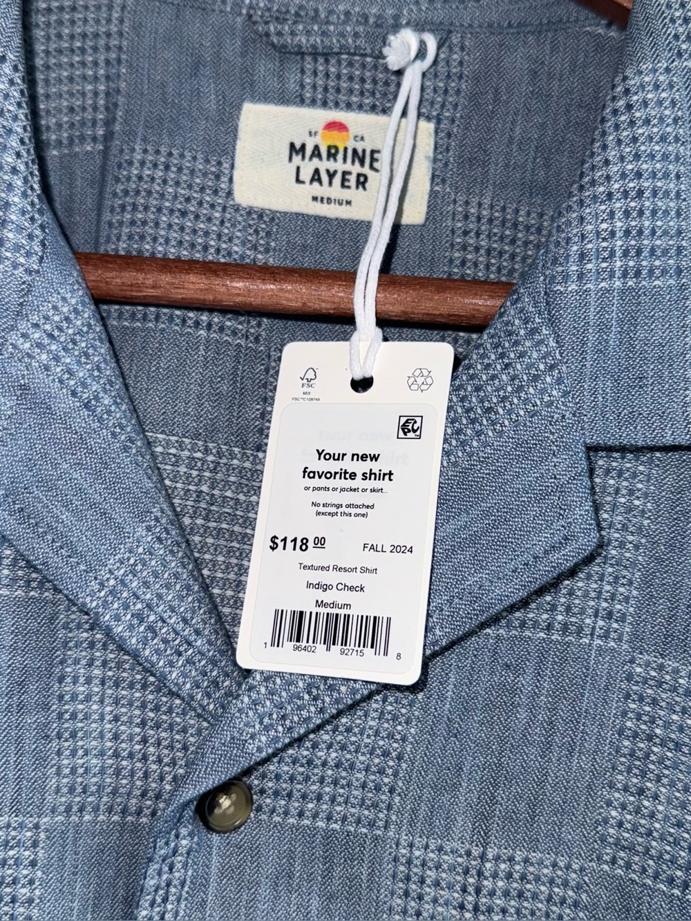 🪡Marine Layer NWT Textured Cotton/Linen Resort Shirt in “Indigo Check” - Picture 6 of 8